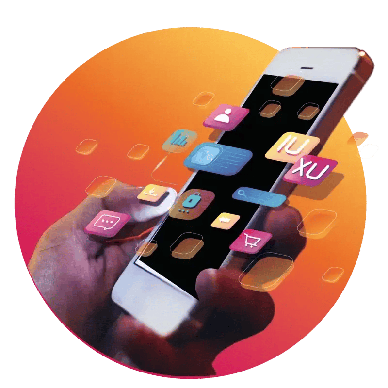 Celular en mano, con iconos de UX, seguridad, SMS, carrito de compras y contacto. Celular en mano, con iconos de UX, seguridad, SMS, carrito de compras y contacto.