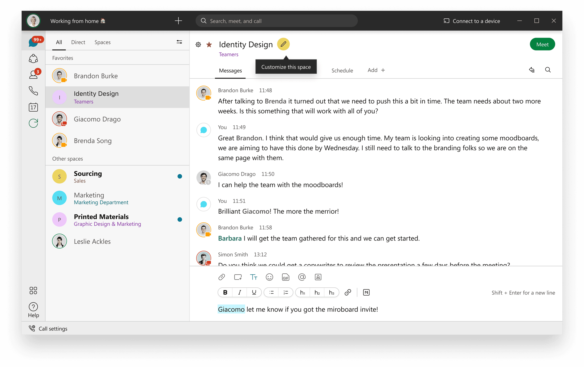 Preview del panel principal de Cisco Webex.&nbsp;