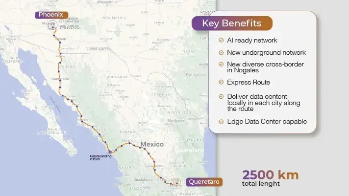 Mapa de la conexión de fibra óptica entre Querétaro y Phoenix, parte del proyecto Tikva de C3ntro Telecom.